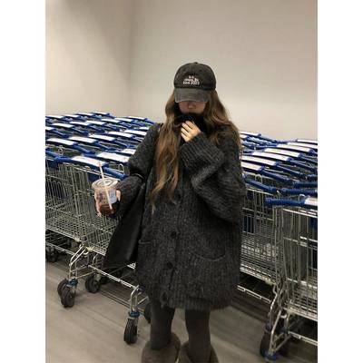 安火火韩系覆古慵懒风翻领针织开衫秋冬加厚宽松软糯毛衣外套女