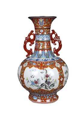 陶瓷器中式花插花家居客厅电视柜摆件粉彩双耳描金花
