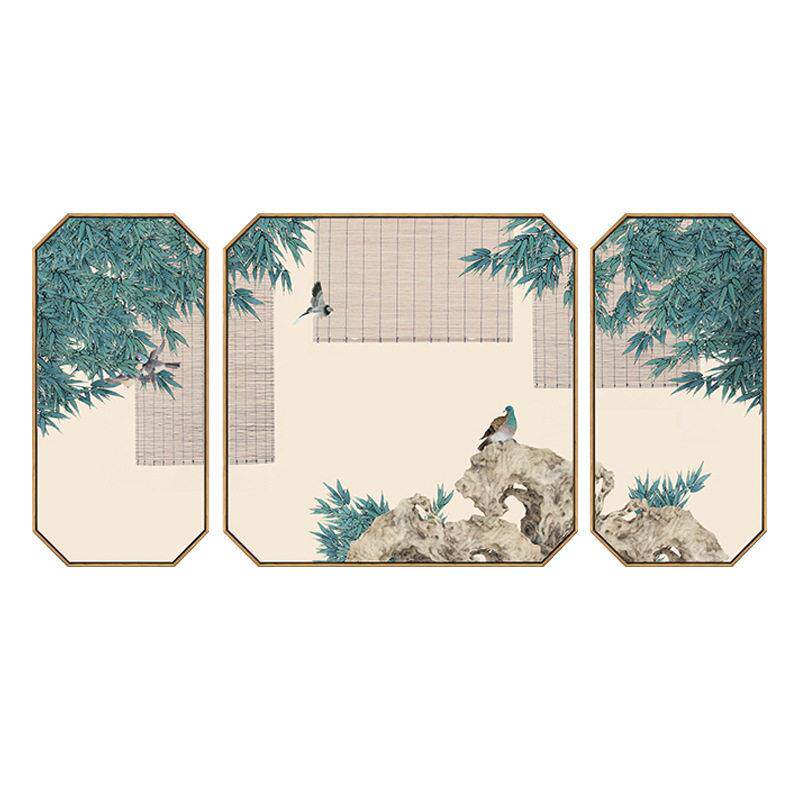 新中式客厅沙发背景墙装饰画花鸟三联画八边形挂画禅意中国风壁画