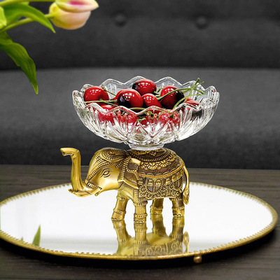 费灵家居黄铜雕花大象装饰水晶玻璃果盘 家居创意收纳糖果盘摆件