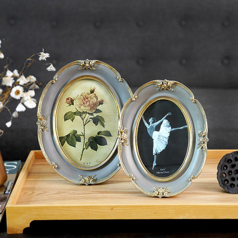 费灵家居美式欧式古典6寸7寸灰紫色椭圆相框浪漫复古画框创意摆台