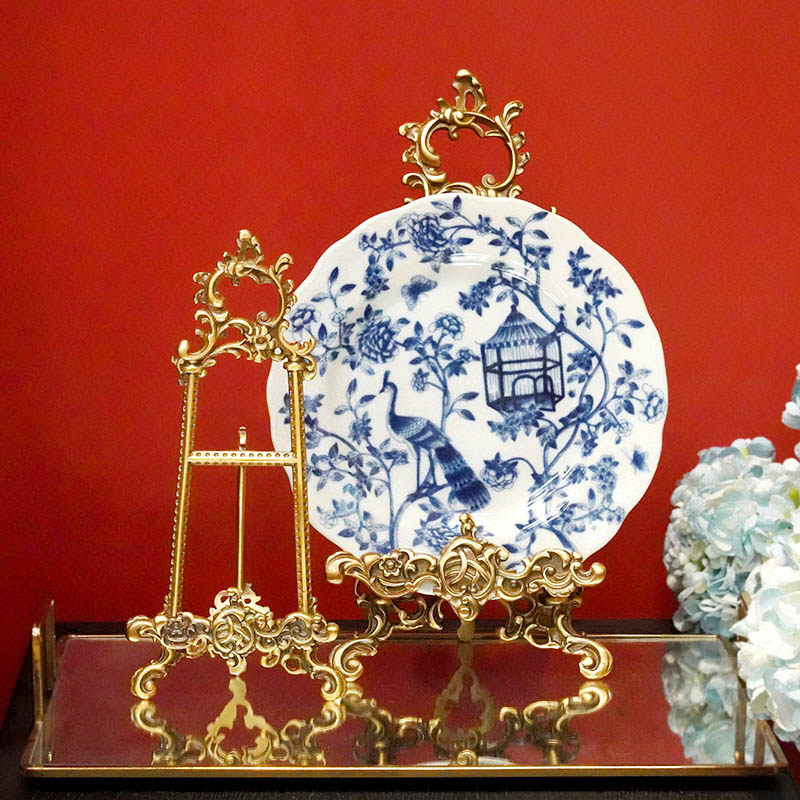 欧式美式托盘支架黄铜雕花复古收藏盘展示架手工画架茶饼托摆件