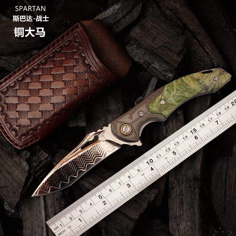 高端铜大马士革钢折叠刀日本锻造钢折刀户外露营便携锋利口袋刀具