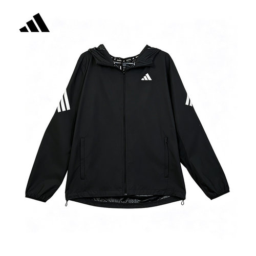 adidas阿迪达斯连帽三条纹黑色外套男下摆抽绳健身梭织夹克LC8203