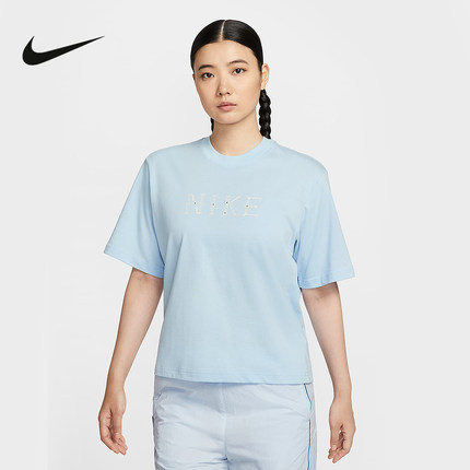 Nike耐克短袖女夏季复古印花宽松针织透气蓝色运动T恤II0446-441