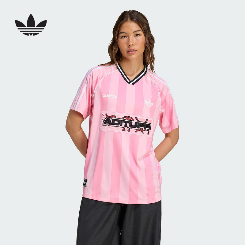adidas阿迪达斯三叶草V领球衣25秋女ADITUFF足球衫短袖T恤KD2272