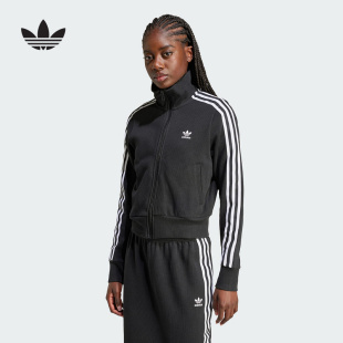 阿迪达斯Adidas三叶草女子黑色复古三条纹针织立领夹克外套IY7278
