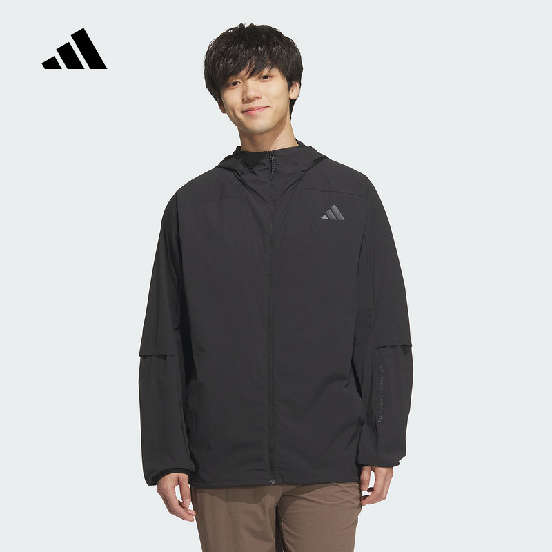 adidas阿迪达斯凉感防晒连帽外套秋男黑色运动健身梭织夹克KB5157