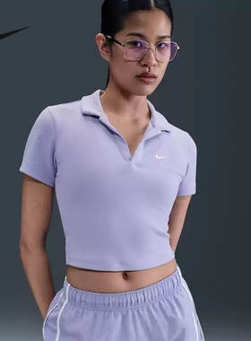 Nike耐克短袖深V针织衫运动短款修身透气T恤POLO衫女装DV7885-533