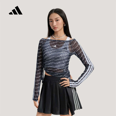 adidas阿迪达斯三条纹舞动系列LOGO满印长袖2026春女T恤KS5308