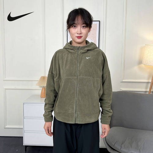 Nike耐克女子摇粒绒外套冬新款加绒保暖连帽衫绿色夹克HV3699-222