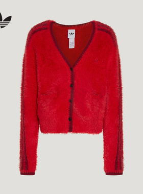 阿迪达斯三叶草新年款红色开衫26新款女慵懒风针织毛衣外套KT3171