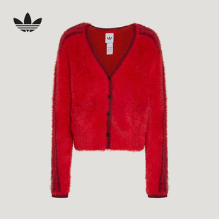阿迪达斯三叶草新年款红色开衫26新款女慵懒风针织毛衣外套KT3171