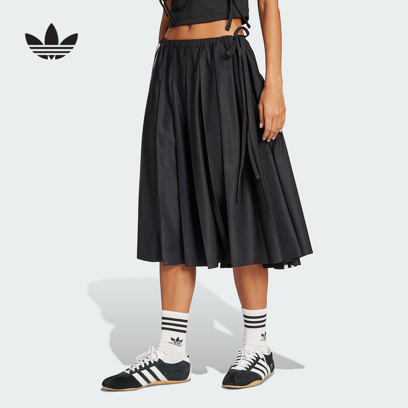 adidas阿迪达斯三叶草新款女经典百褶运动半身裙三条纹长裙JW0114