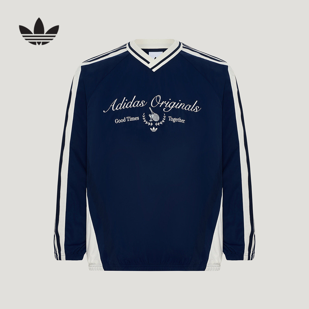 adidas阿迪达斯三叶草三条纹V领运动衫2026秋男长袖上衣 KW5666