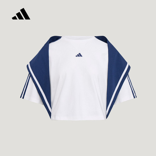 adidas阿迪达斯三条纹舞动系列水手风海军领半袖女短袖T恤KZ4182