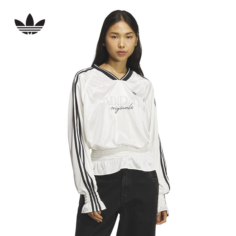 adidas阿迪达斯三叶草抽褶针织宽松球衣T恤春夏女长袖上衣 K