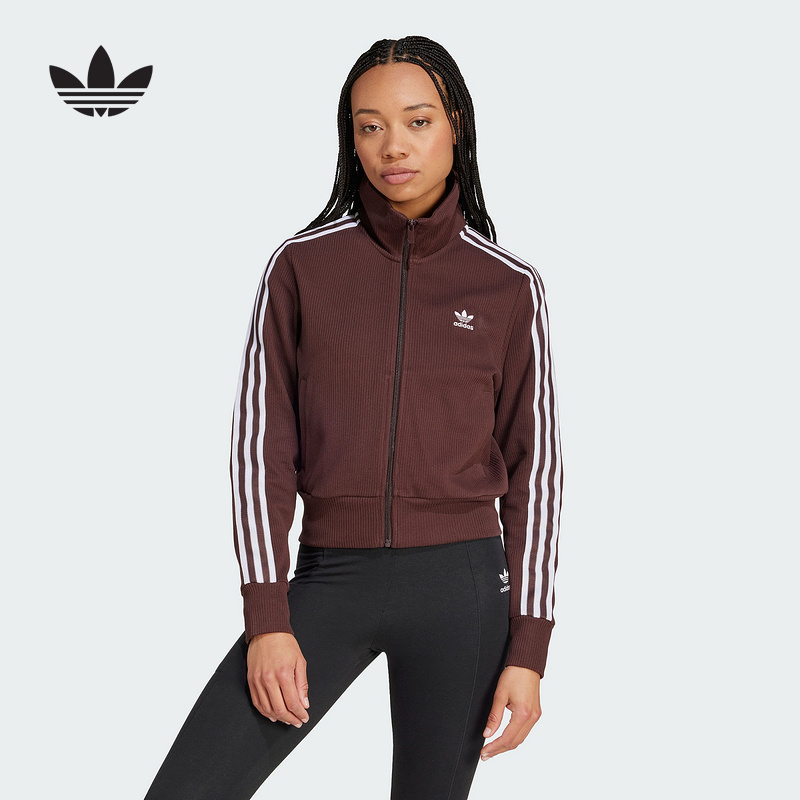 阿迪达斯Adidas三叶草女子黑色复古三条纹针织立领夹克外套IN6061