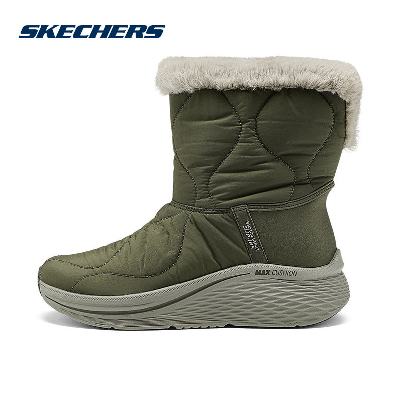 SKECHERS斯凯奇冬季新款女靴舒适保暖一脚蹬高帮雪地靴144384/OLV