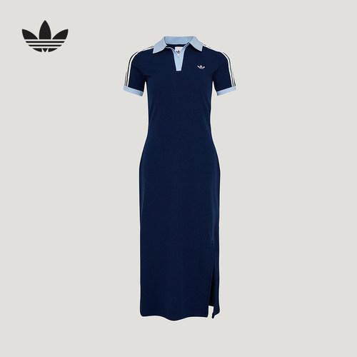 adidas阿迪达斯三叶草休闲运动Polo连衣裙2026夏女开叉长裙KY5698