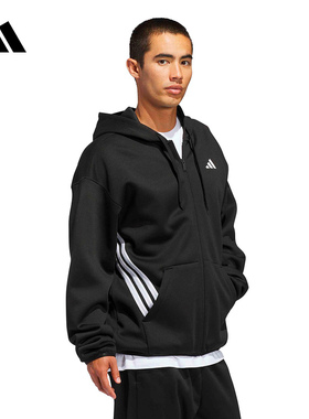 adidas阿迪达斯连帽拉链夹克2026春男黑色运动针织外套 JZ9673