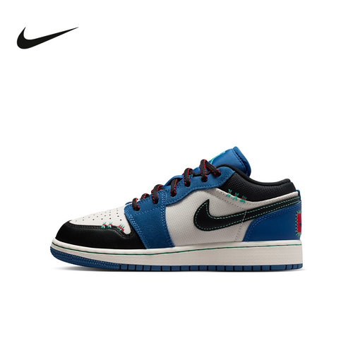NIKE耐克女鞋AIR JORDAN 1黑白蓝拼色AJ1低帮复古板鞋IO2062-400