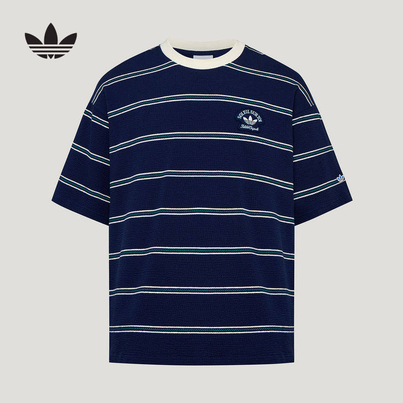adidas阿迪达斯三叶草度假风条纹半袖秋华夫格男短袖T恤 KW8248图片