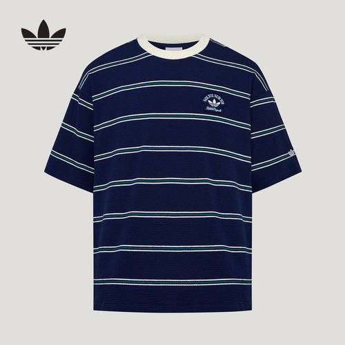 adidas阿迪达斯三叶草度假风条纹半袖秋华夫格男短袖T恤 KW8248