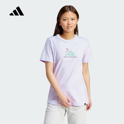adidas阿迪达斯25夏插画风印花舒适半袖女修身短袖T恤透气JX5328