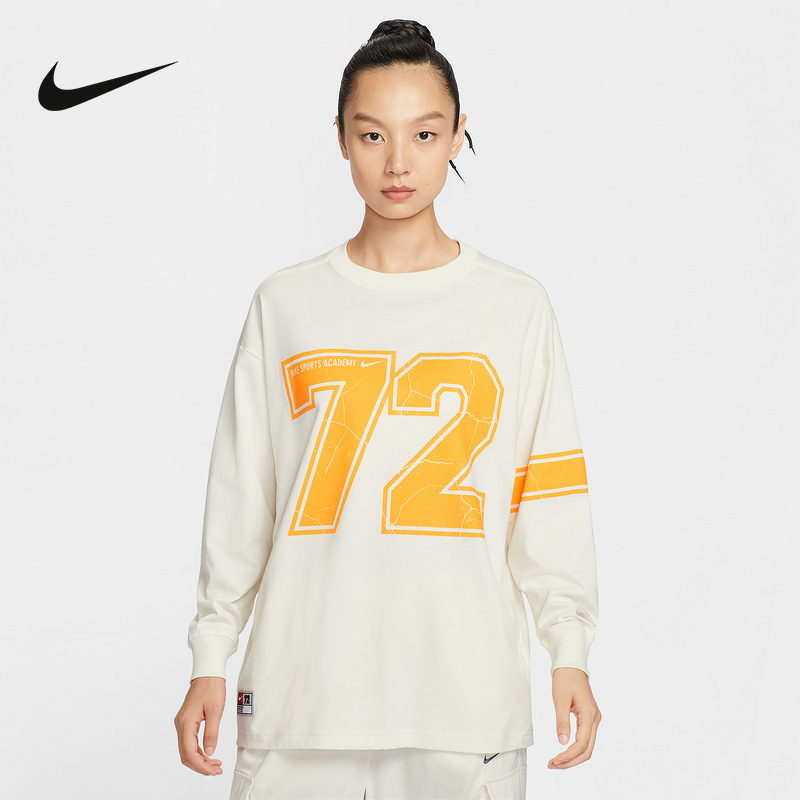 耐克女子超宽松美式长袖T恤棉印花复古舒适圆领套头衫IO0481-047