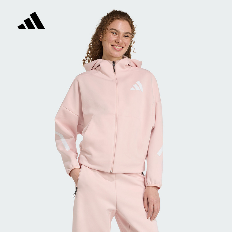 adidas阿迪达斯秋新款女子真治愈运动休闲连帽针织夹克外套KC7905