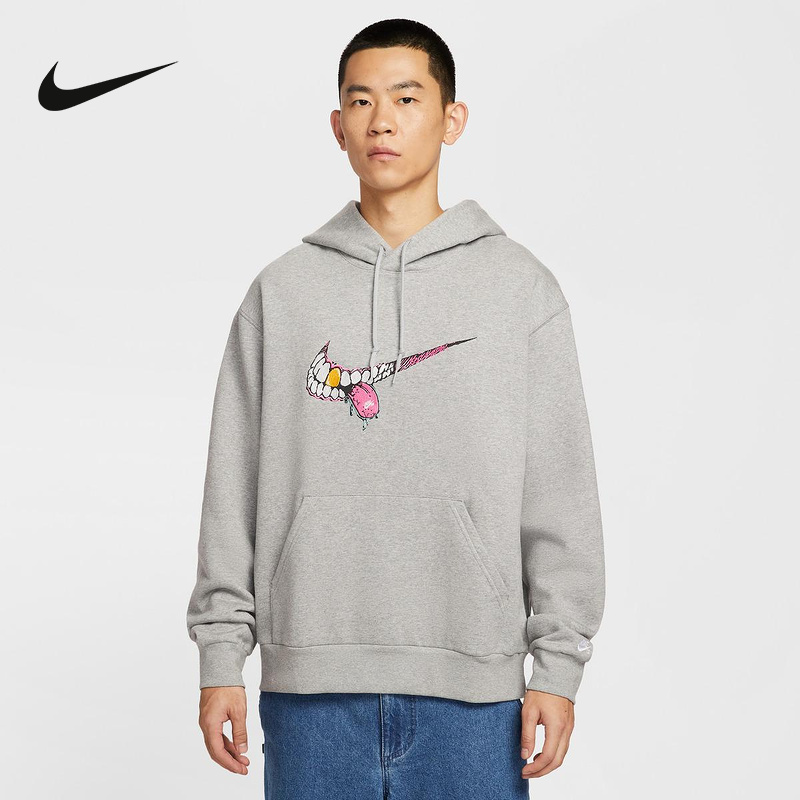 NIKE耐克运动卫衣男冬新款图案大勾灰色加绒连帽套头衫HV0250-063