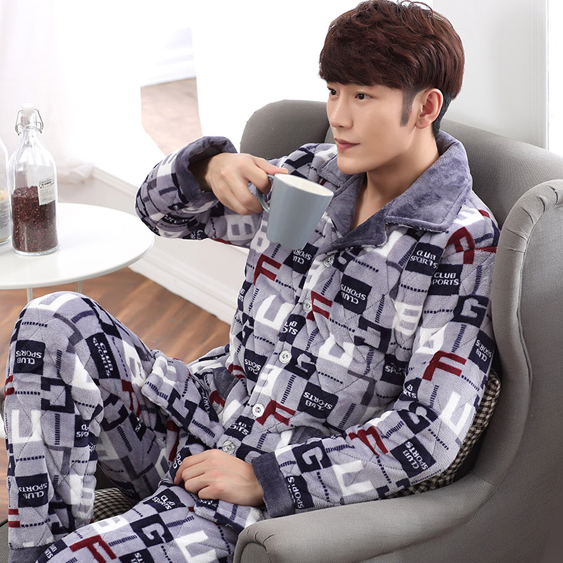 男士冬季加厚加绒三层夹棉睡衣