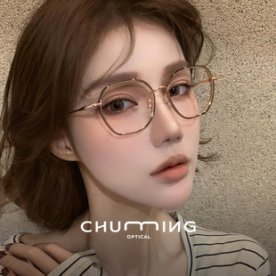 韩系复古茶色多边框眼镜近视女可配度数气质显白高级感超轻眼睛架