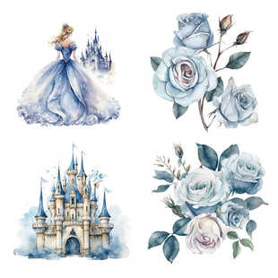 手绘玫瑰花朵公主城堡图案卫衣裙子上的图案贴热转印烫画贴胶印贴