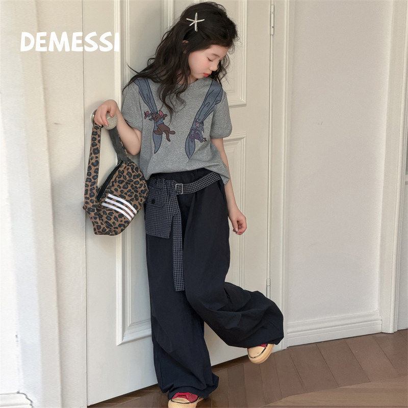 韩国DEMESSI女童短袖套装夏季2026新款印花T恤半袖阔腿长裤中大童