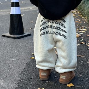 法国slp kiss男童卫裤冬季2026新款休闲加绒裤子儿童保暖加厚长裤