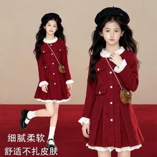 女童小香风洋装2026新款冬儿童富家千金感裙子女孩红色新年衣服