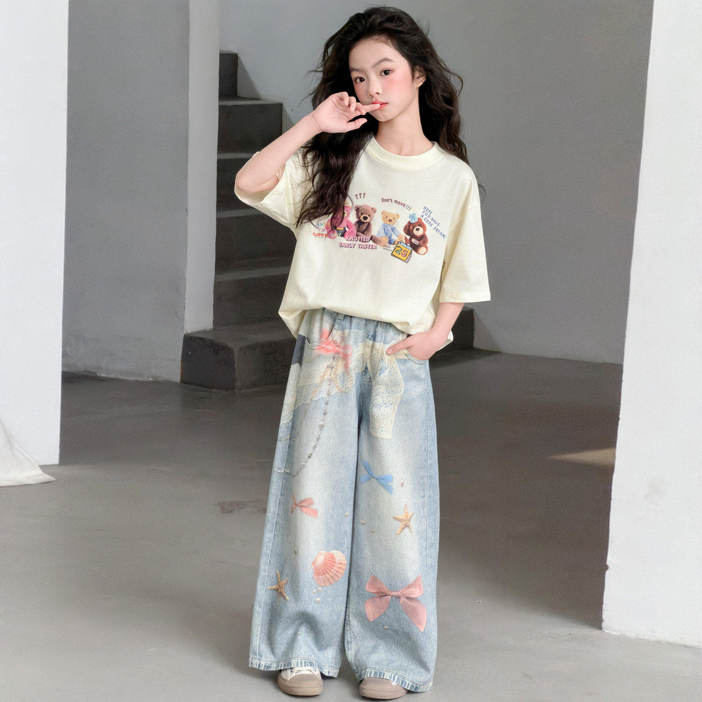 韩国Uamtor女童套装2026夏季新款中大童洋派初中生短袖T恤两件套