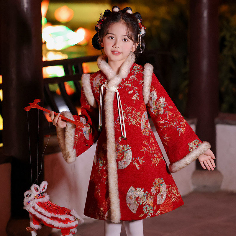 英国品牌女童汉服 红色加厚新年旗袍 拜年服秋冬长袖A字连衣裙