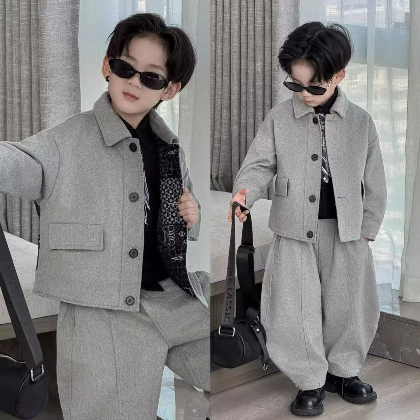 法国Uamtor新款儿童设计感休闲风西装套装男童年货夹棉秋冬两件套