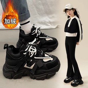 法国BADNUT女童加绒运动鞋秋冬2025新款儿童软底中大童黑色老爹鞋