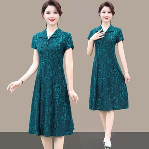 中年妈妈夏装连衣裙2023新款50岁中老年女装洋气大码百搭提花裙子