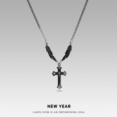 原创ins个性 十字架吊坠钛钢项链百搭毛衣链嘻哈男冷淡风轻奢潮女