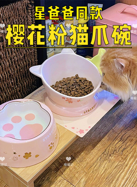星巴克猫碗陶瓷樱花猫爪碗可爱高颜值ins斜口保护颈椎狗狗宠物碗