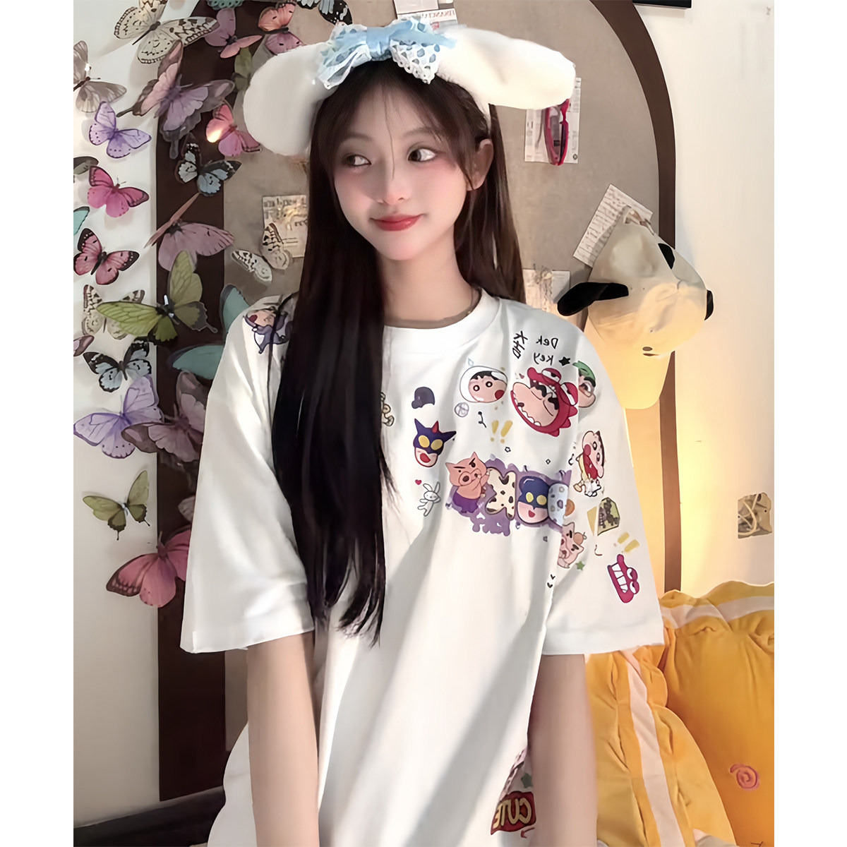 韩版卡通蜡笔小新印花纯棉短袖女夏季hiphop潮牌宽松百搭闺蜜上衣
