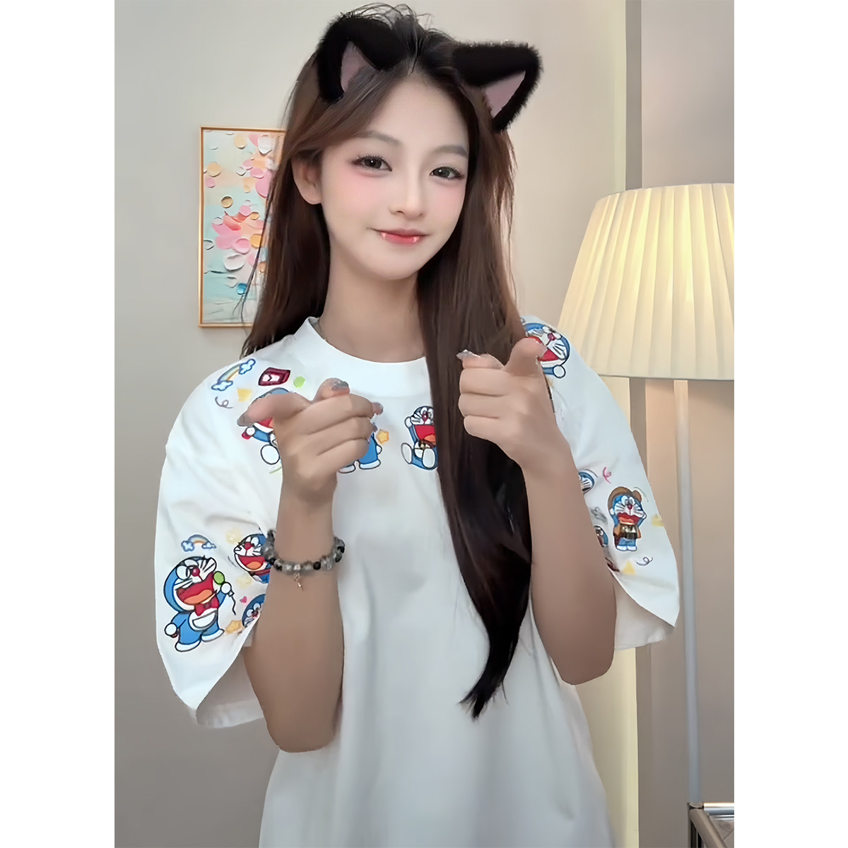 韩版小众设计感卡通哆啦A梦印花短袖t恤女夏季hiphop宽松情侣上衣