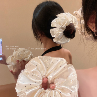 高级感缎面波点蕾丝花边双层大肠发圈女气质扎头发丸子头发绳头绳