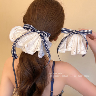 韩系文艺格子蝴蝶结蕾丝裙摆发夹女高级感温柔夹子头饰后脑勺发卡