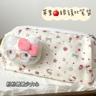 红苹果凯蒂猫笔袋ins风高颜值学生开学季文具收纳袋帆布袋化妆包